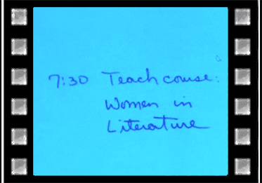 A blue screen with the words " 7 : 3 0 teach course, women in literature ".